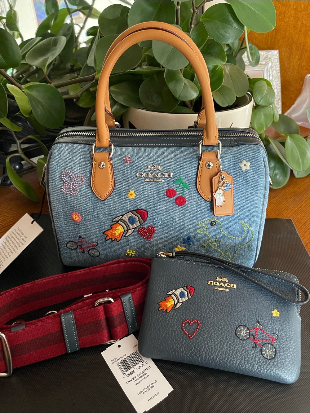 NWOT Coach Rowan Satchel in Denim Embroidery with Matching NWT Wristlet
